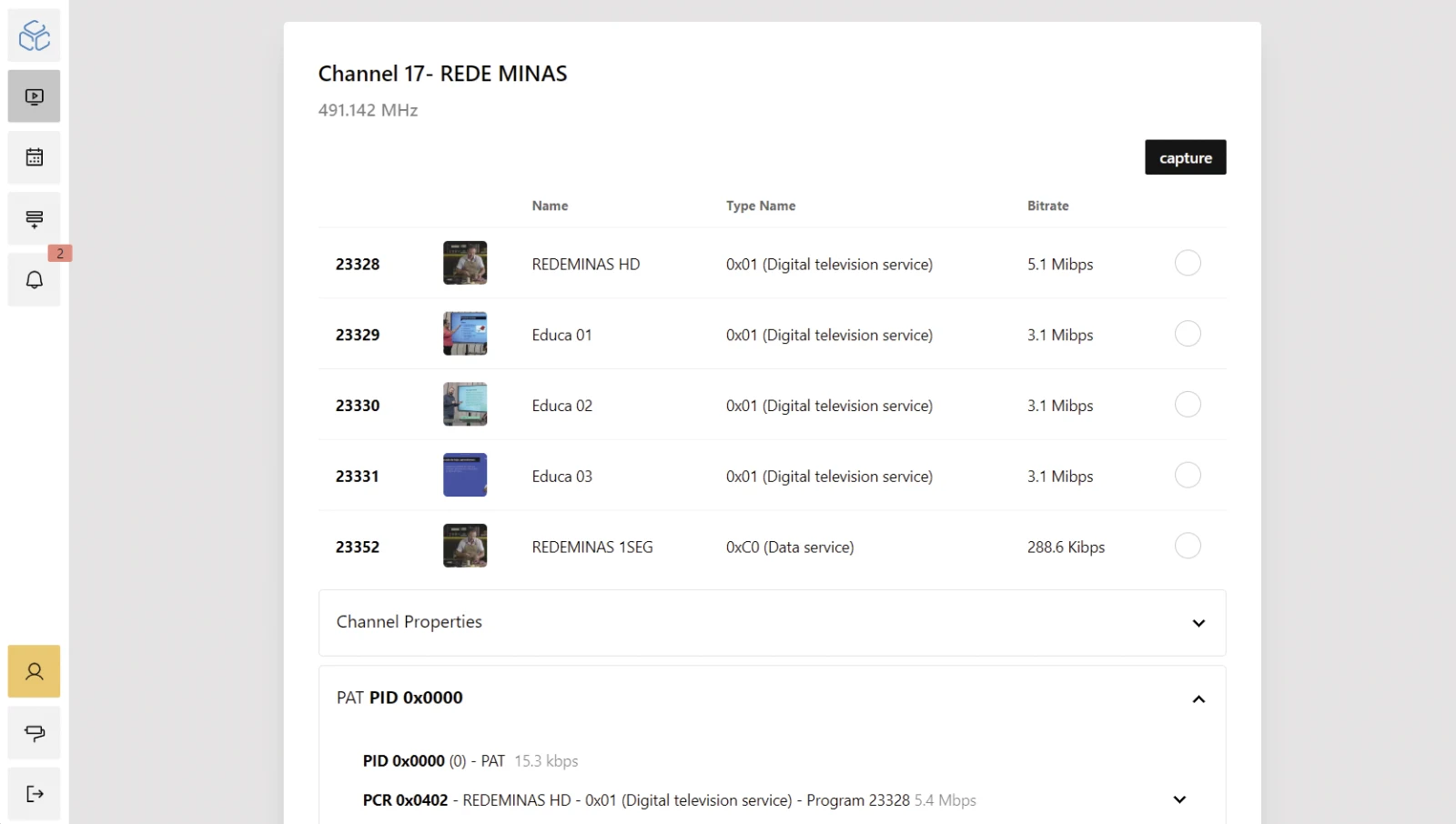 Lista de serviços do canal 17 com tipo e bitrate de cada um.